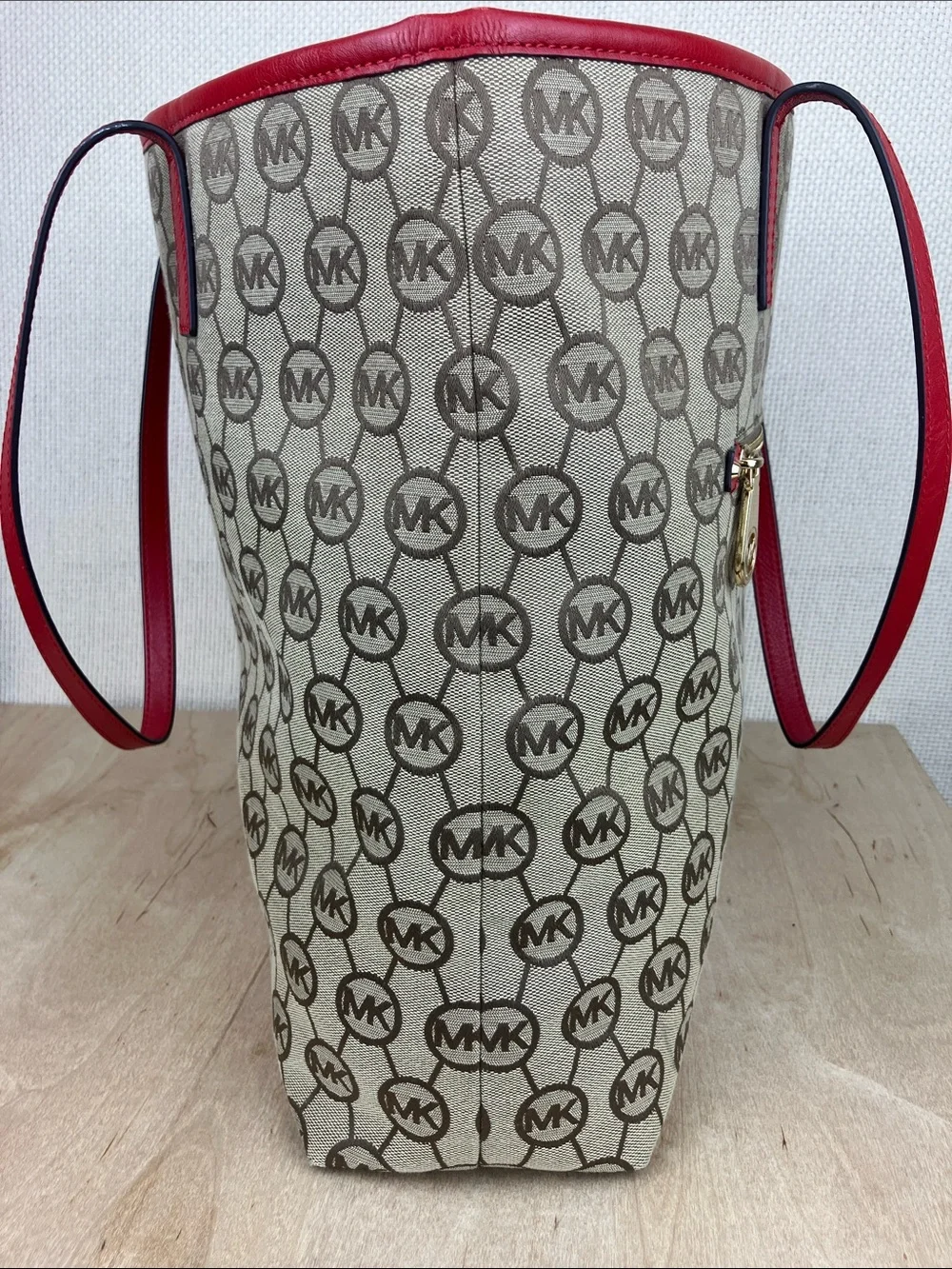 Michael Kors Montauk Large Tote Bag Beige Monogram Red Leather Trim